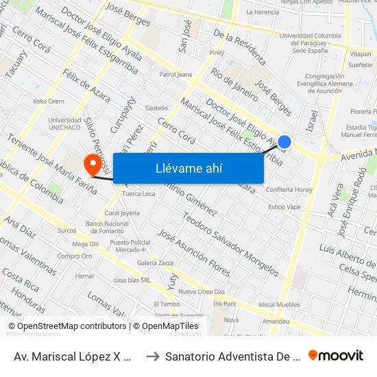 Av. Mariscal López X Melgarejo to Sanatorio Adventista De Asunción map