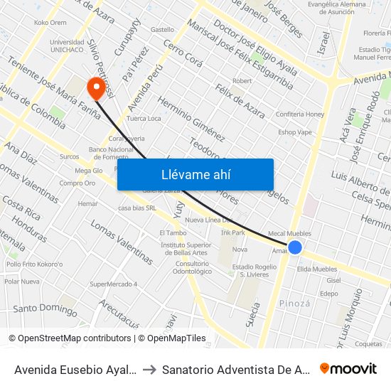 Avenida Eusebio Ayala, 995 to Sanatorio Adventista De Asunción map