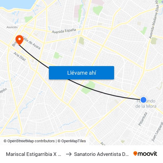 Mariscal Estigarribia X 10 De Julio to Sanatorio Adventista De Asunción map
