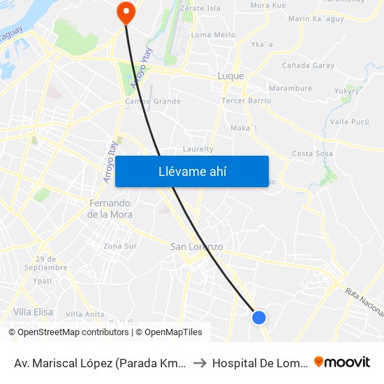 Av. Mariscal López (Parada Km. 17 (1/2)) to Hospital De Loma Pyta map