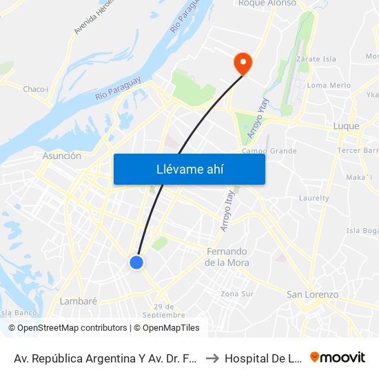 Av. República Argentina Y Av. Dr. Fernando De La Mora to Hospital De Loma Pyta map