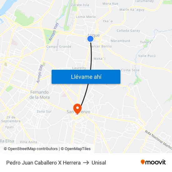Pedro Juan Caballero X Herrera to Unisal map