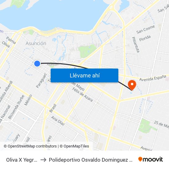 Oliva X Yegros to Polideportivo Osvaldo Dominguez Dibb map