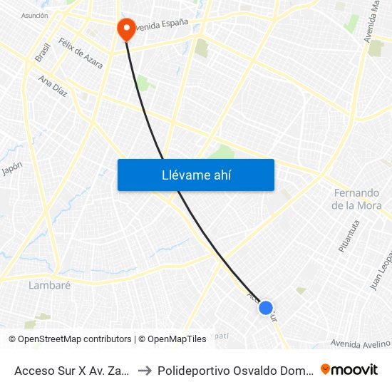 Acceso Sur X Av. Zavalas Cué to Polideportivo Osvaldo Dominguez Dibb map