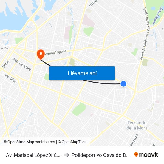 Av. Mariscal López X Capitán Bueno to Polideportivo Osvaldo Dominguez Dibb map