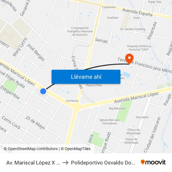 Av. Mariscal López X Melgarejo to Polideportivo Osvaldo Dominguez Dibb map