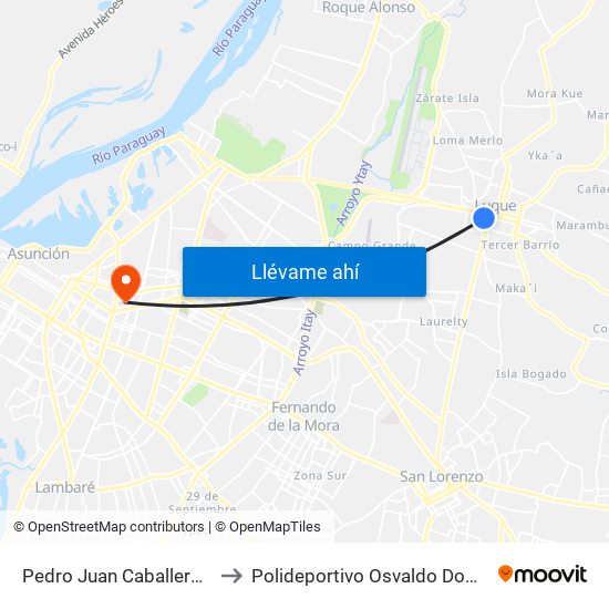 Pedro Juan Caballero X Herrera to Polideportivo Osvaldo Dominguez Dibb map