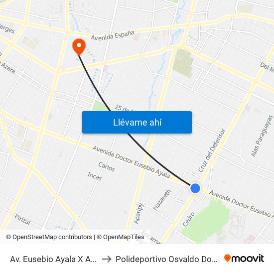 Av. Eusebio Ayala X Av. Argentina to Polideportivo Osvaldo Dominguez Dibb map