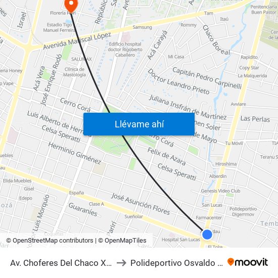 Av. Choferes Del Chaco X Av. Eusebio Ayala to Polideportivo Osvaldo Dominguez Dibb map