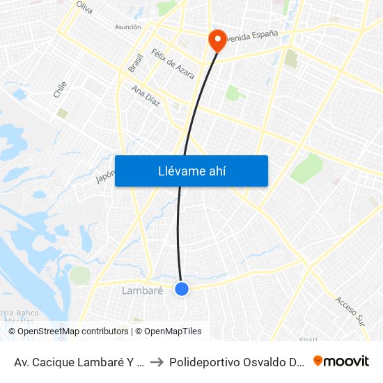 Av. Cacique Lambaré Y Calle Escobar to Polideportivo Osvaldo Dominguez Dibb map