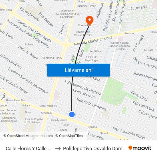 Calle Flores Y Calle Melgarejo to Polideportivo Osvaldo Dominguez Dibb map