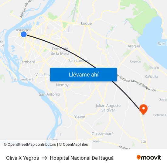 Oliva X Yegros to Hospital Nacional De Itaguá map