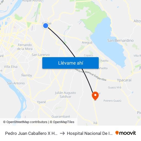 Pedro Juan Caballero X Herrera to Hospital Nacional De Itaguá map