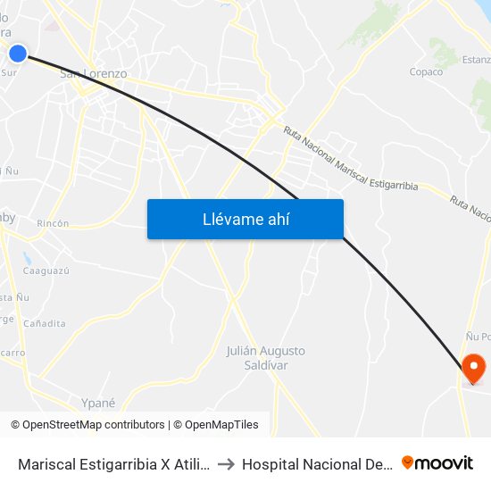 Mariscal Estigarribia X Atilio Galfre to Hospital Nacional De Itaguá map