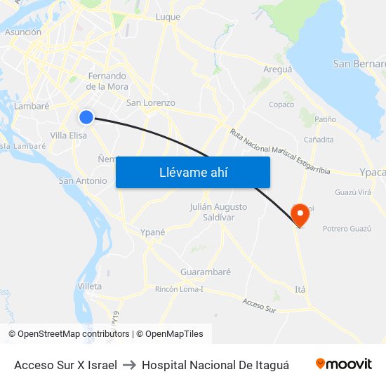 Acceso Sur X Israel to Hospital Nacional De Itaguá map