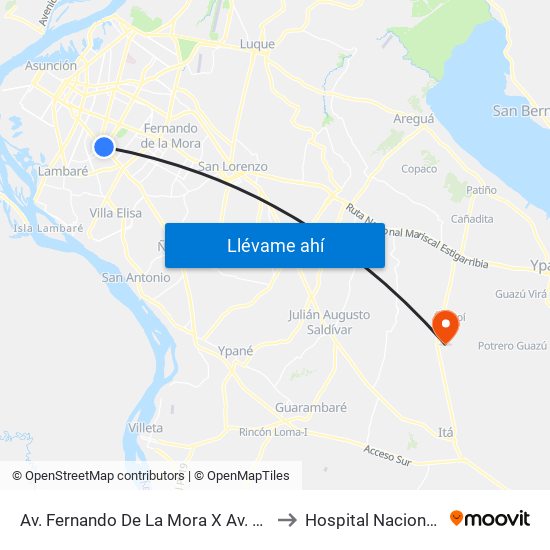 Av. Fernando De La Mora X Av. República Argentina to Hospital Nacional De Itaguá map