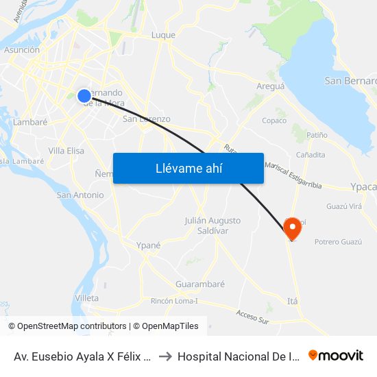 Av. Eusebio Ayala X Félix Lopéz to Hospital Nacional De Itaguá map