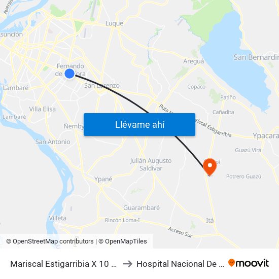 Mariscal Estigarribia X 10 De Julio to Hospital Nacional De Itaguá map
