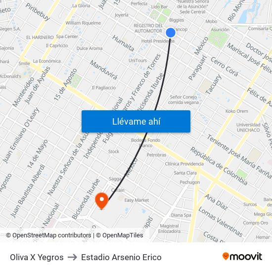 Oliva X Yegros to Estadio Arsenio Erico map