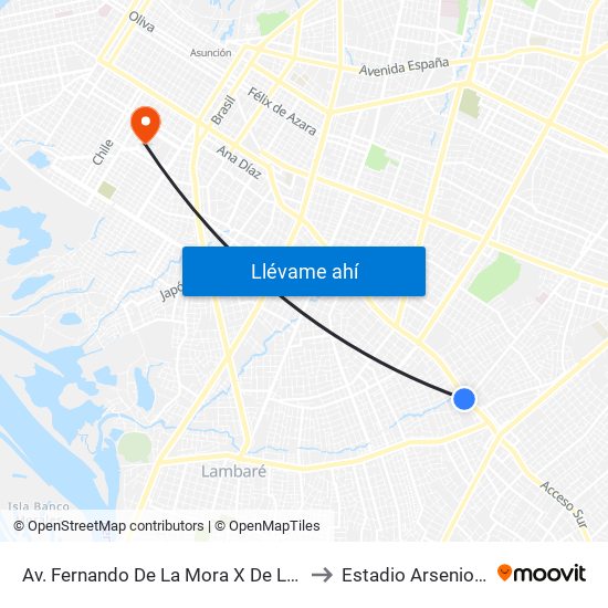 Av. Fernando De La Mora X De La Victoria to Estadio Arsenio Erico map