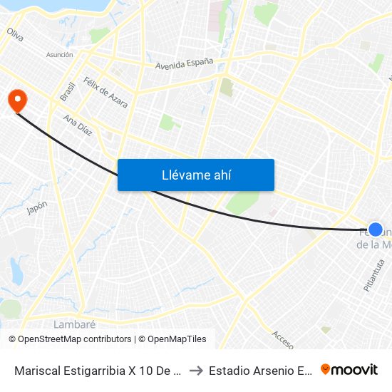 Mariscal Estigarribia X 10 De Julio to Estadio Arsenio Erico map