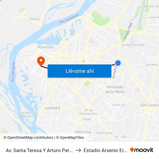 Av. Santa Teresa Y Arturo Pereira to Estadio Arsenio Erico map