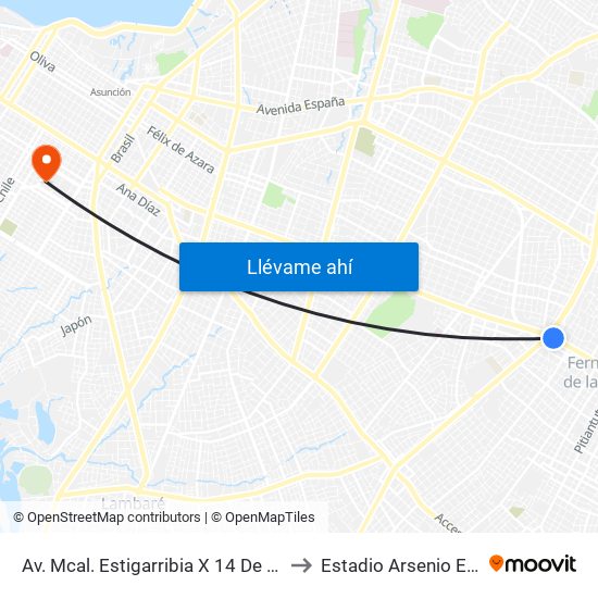 Av. Mcal. Estigarribia X 14 De Mayo to Estadio Arsenio Erico map