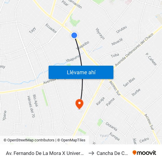 Av. Fernando De La Mora X Universitarios Del Chaco to Cancha De Colegiales map