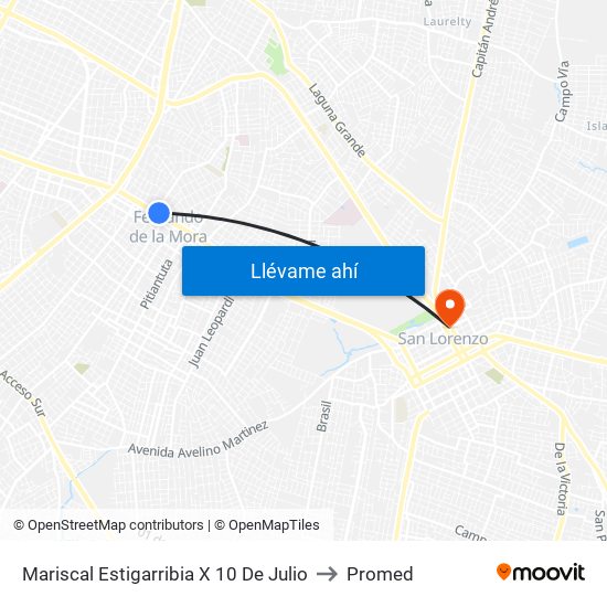 Mariscal Estigarribia X 10 De Julio to Promed map