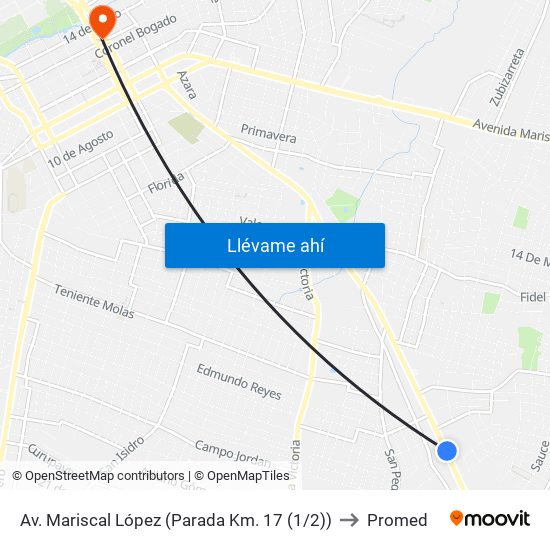 Av. Mariscal López (Parada Km. 17 (1/2)) to Promed map