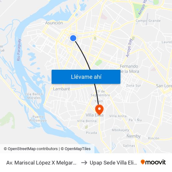 Av. Mariscal López X Melgarejo to Upap Sede Villa Elisa map