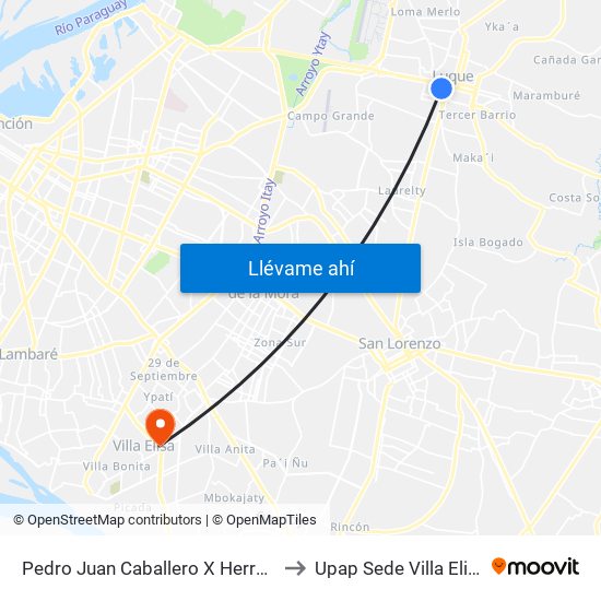 Pedro Juan Caballero X Herrera to Upap Sede Villa Elisa map