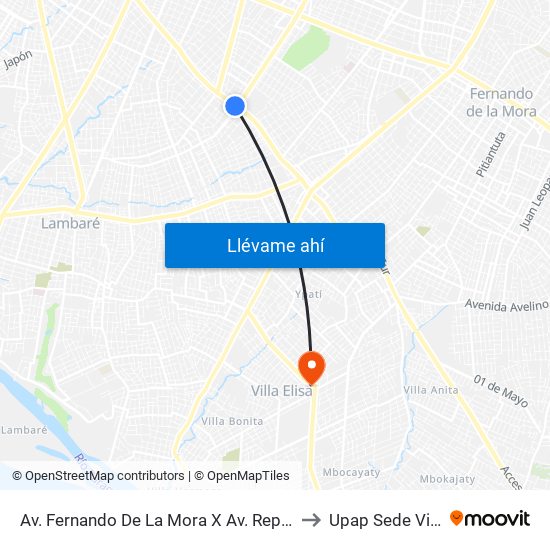 Av. Fernando De La Mora X Av. República Argentina to Upap Sede Villa Elisa map