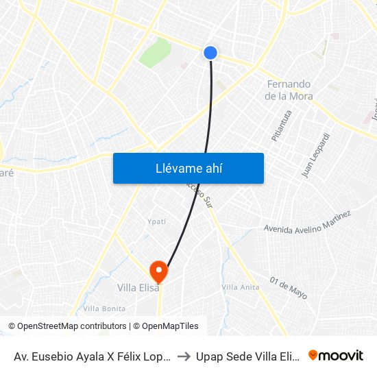 Av. Eusebio Ayala X Félix Lopéz to Upap Sede Villa Elisa map