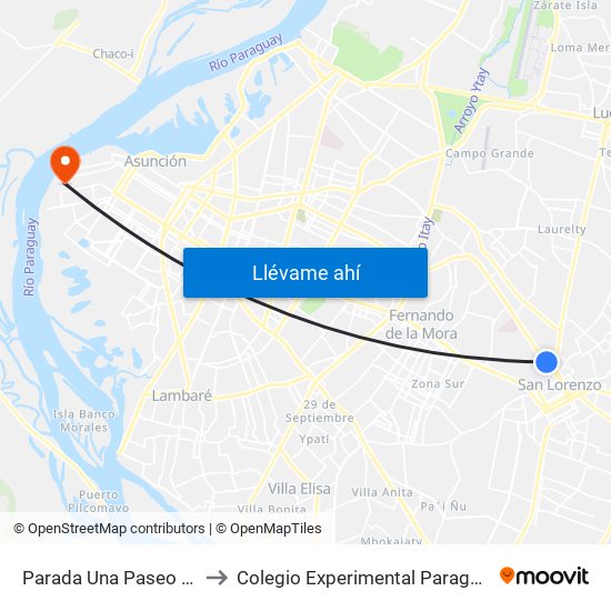 Parada Una Paseo Amelia to Colegio Experimental Paraguay-Brasil map