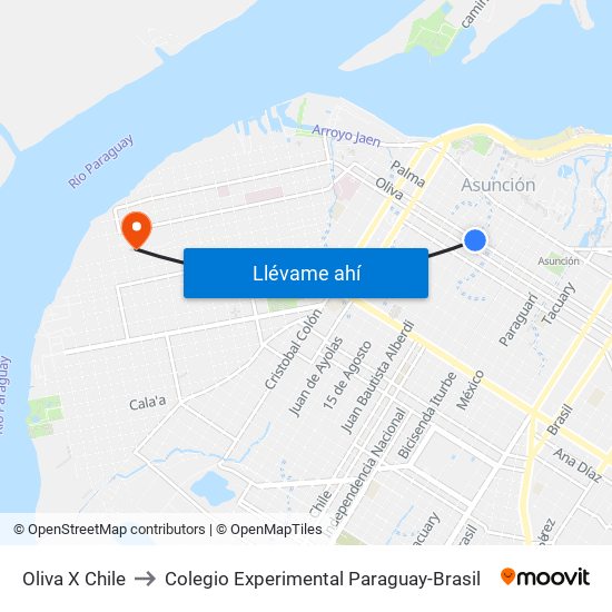 Oliva X Chile to Colegio Experimental Paraguay-Brasil map