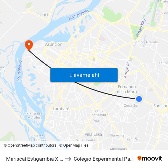 Mariscal Estigarribia X Atilio Galfre to Colegio Experimental Paraguay-Brasil map