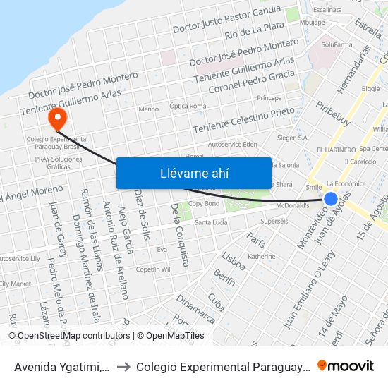 Avenida Ygatimi, 880 to Colegio Experimental Paraguay-Brasil map