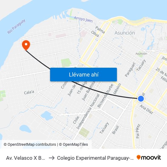 Av. Velasco X Brasil to Colegio Experimental Paraguay-Brasil map