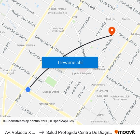 Av. Velasco X Brasil to Salud Protegida Centro De Diagnósticos map