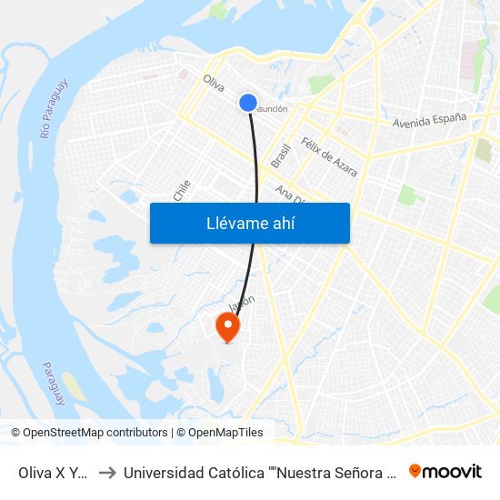 Oliva X Yegros to Universidad Católica ""Nuestra Señora De La Asunción"" map