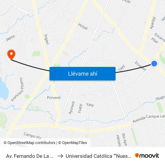 Av. Fernando De La Mora X Av. Argentina to Universidad Católica ""Nuestra Señora De La Asunción"" map