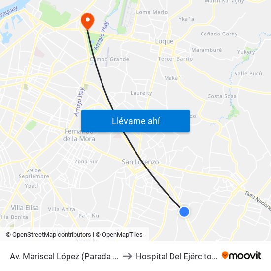Av. Mariscal López (Parada Km. 17 (1/2)) to Hospital Del Ejército San Jorge map