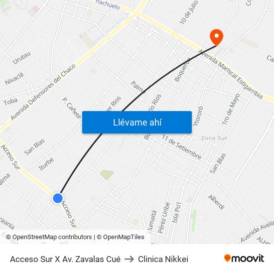 Acceso Sur X Av. Zavalas Cué to Clinica Nikkei map