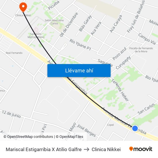 Mariscal Estigarribia X Atilio Galfre to Clinica Nikkei map