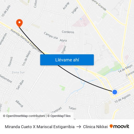 Miranda Cueto X Mariscal Estigarribia to Clinica Nikkei map