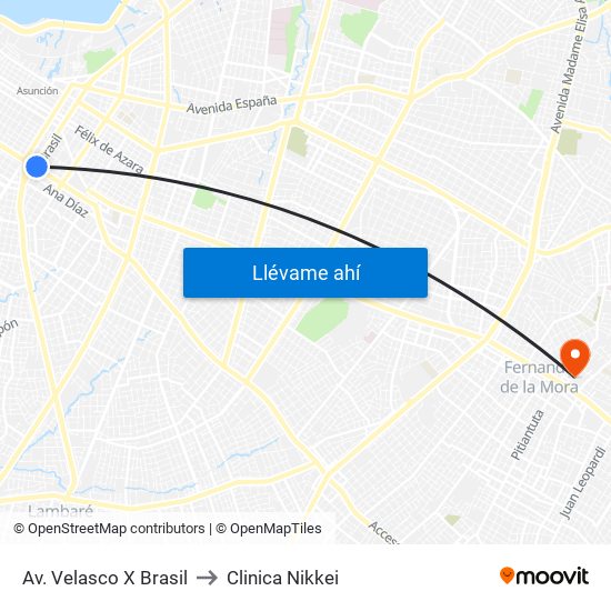 Av. Velasco X Brasil to Clinica Nikkei map