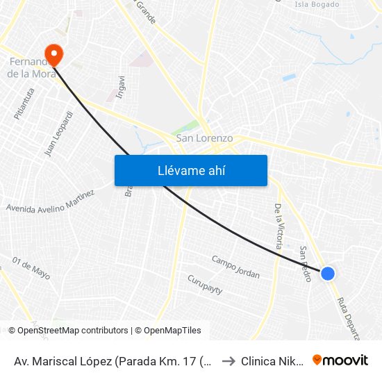 Av. Mariscal López (Parada Km. 17 (1/2)) to Clinica Nikkei map