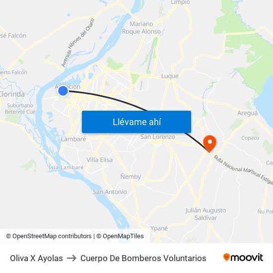 Oliva X Ayolas to Cuerpo De Bomberos Voluntarios map