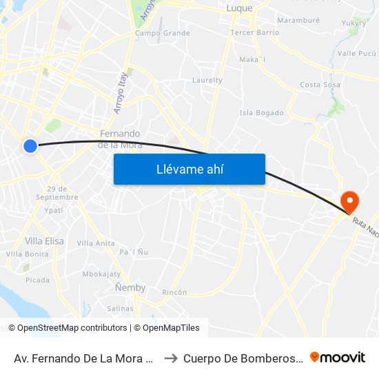 Av. Fernando De La Mora X Av. Argentina to Cuerpo De Bomberos Voluntarios map